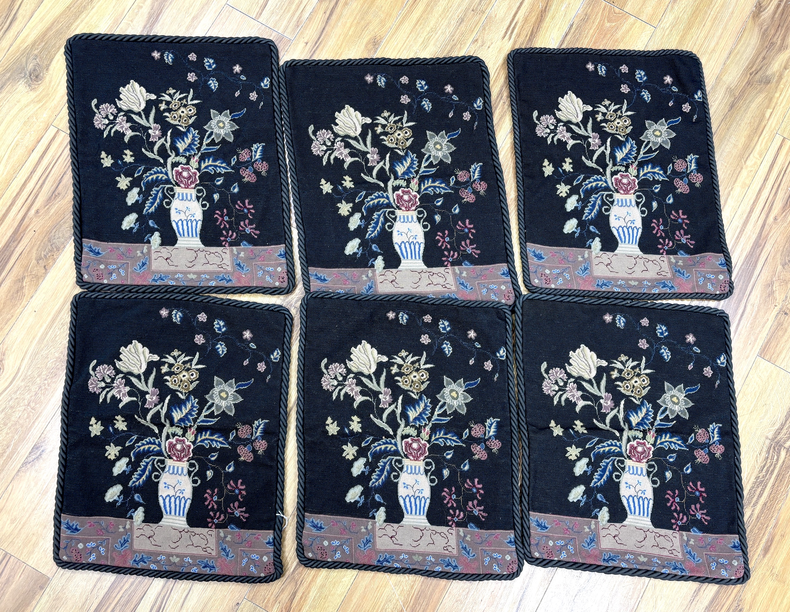 Six 20th century chinoiserie patterned woolwork cushion covers, 41cm wide x 52cm high including corded edging